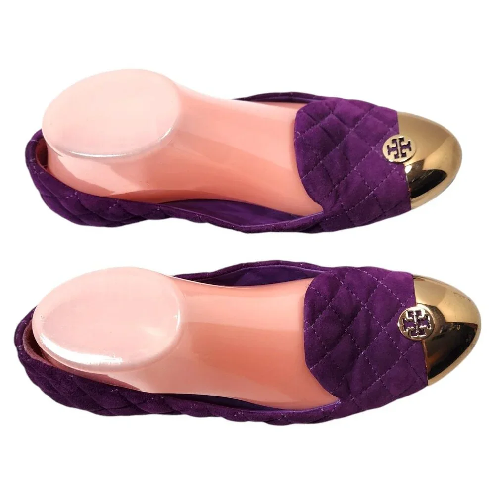 Tory Burch Quilted Purple Suede Flats with Gold Cap Toe